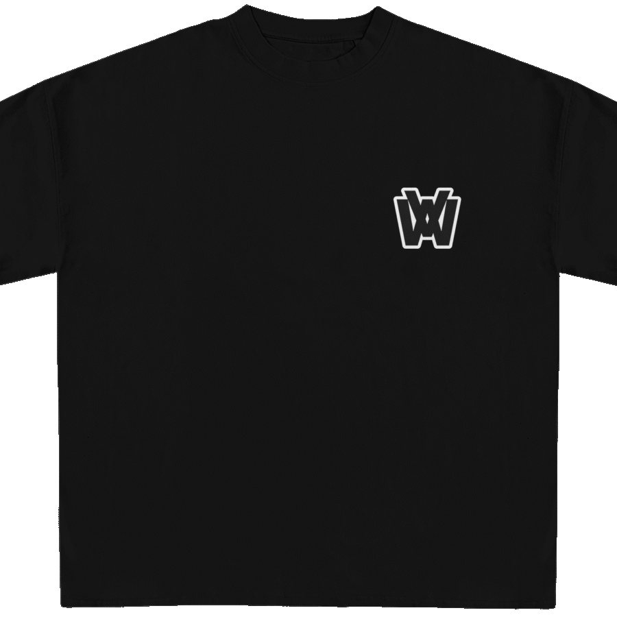 VAWZEN Signature Mark black oversized fit tee — bold streetwear style with minimalist design.